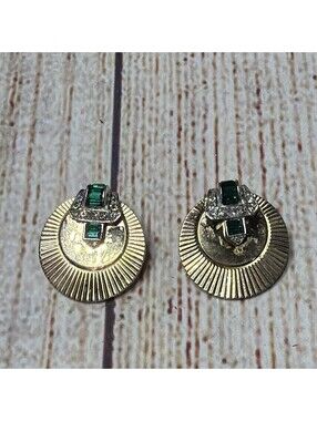 Signed Boucher Gold Tone Round Clip On Earrings Green Clear Baguette Rhinestone